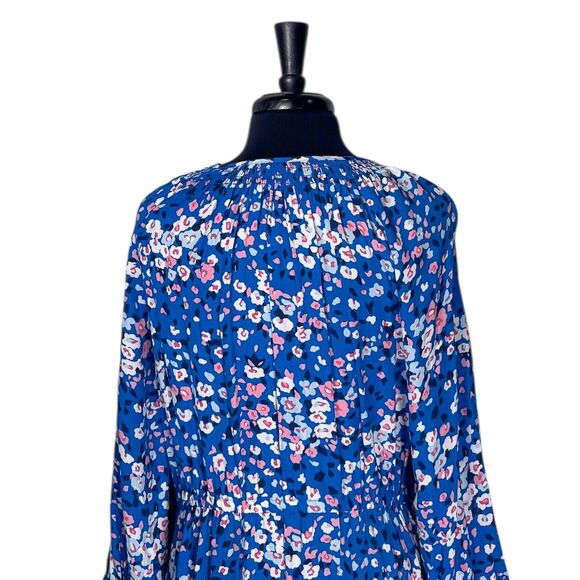Talbots Womens Dress PL Blue Pink Floral Midi V-Neck Smocked Cottagecore Pockets - Picture 7 of 10